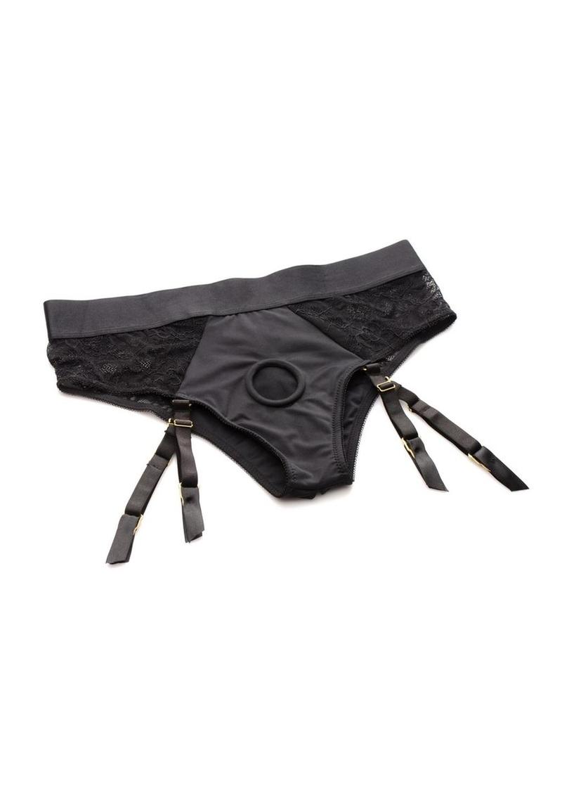 Strap U Laced Seductress Lace Crotchless Panty Harness with Garter Straps - XXLarge/XXXLarge - Black