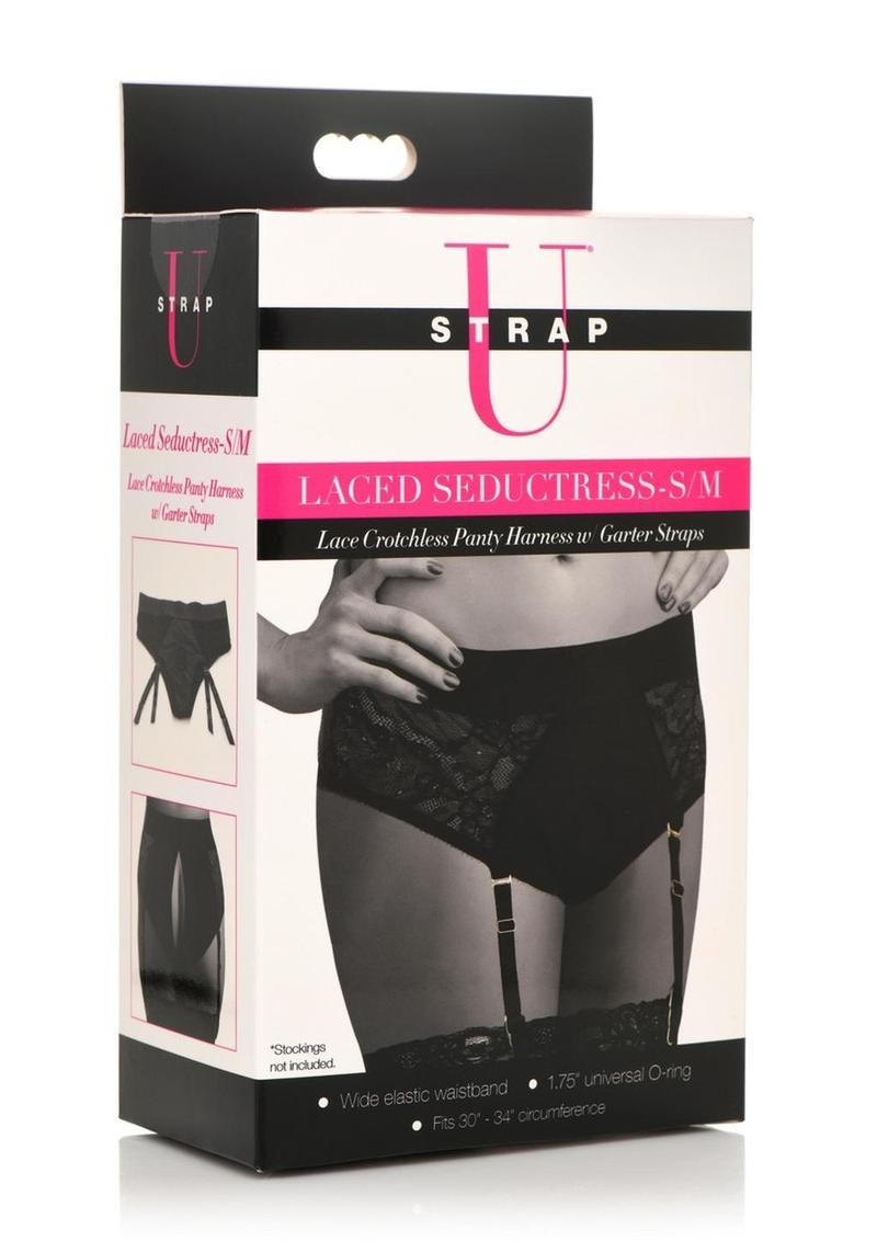Strap U Laced Seductress Lace Crotchless Panty Harness with Garter Straps - Small/Medium - Black