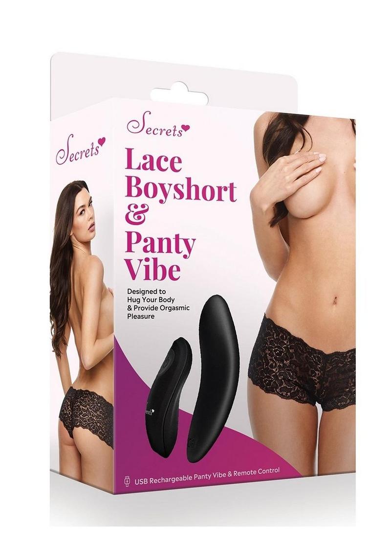 Secrets Lace Boyshort andamp; Rechargeable Remote Control Panty Vibe - O/S - Black