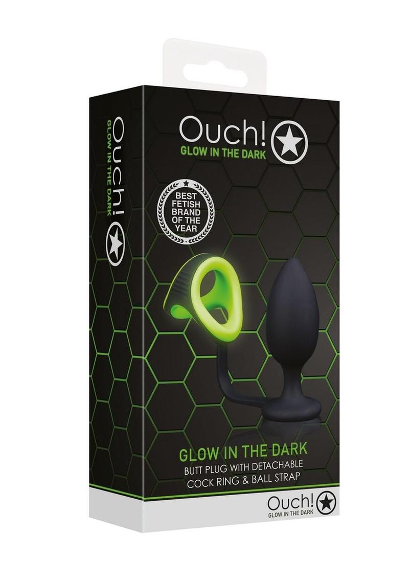 Ouch! Butt Plug with Cock Ring and Ball Strap Silicone Glow in the Dark - Green