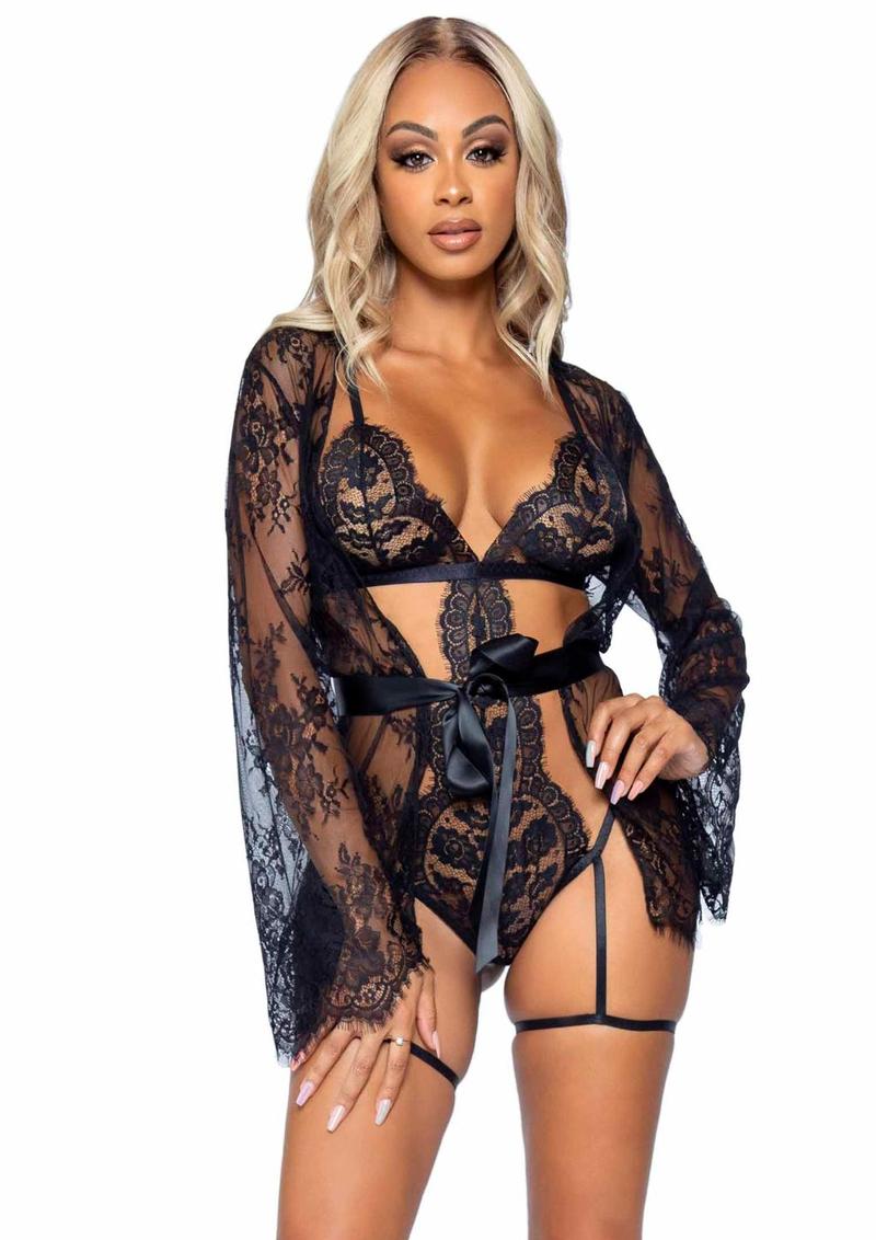 Lace Robe and Ribbon Tie (3 pieces) - Small - Black