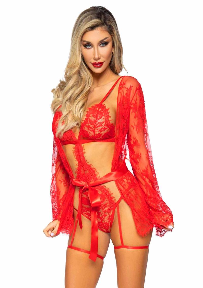 Lace Robe and Ribbon Tie (3 pieces) - Small - Red
