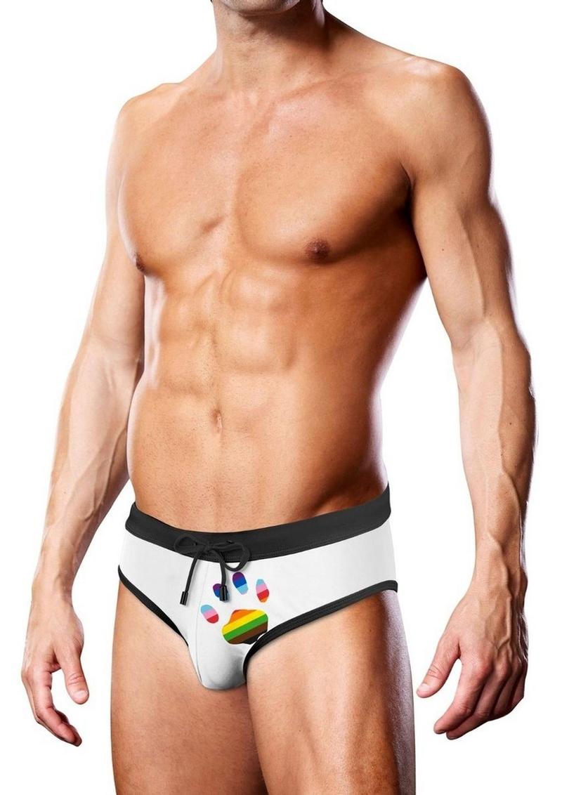 Prowler Oversized Paw Swimming Brief - Small - White/Rainbow