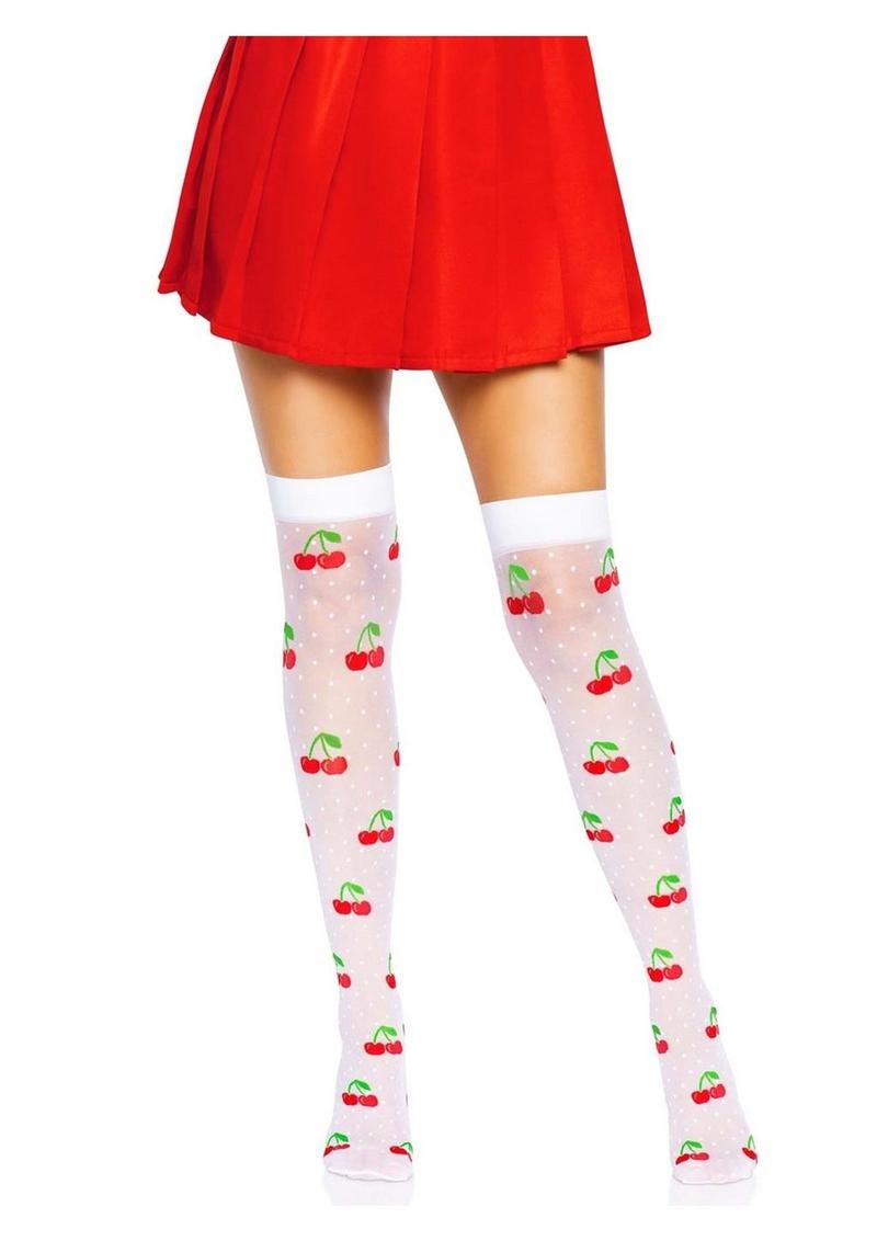 Leg Avenue Spandex Sheer Polka Dot Cherry Thigh Highs - O/S - White/Red