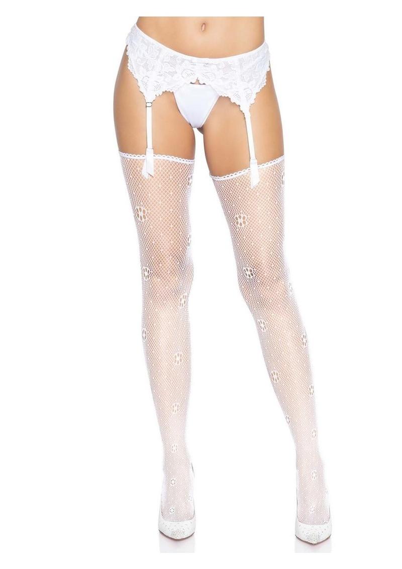 Leg Avenue Daisy Dot Fishnet Stockings with Scalloped Top - O/S - White