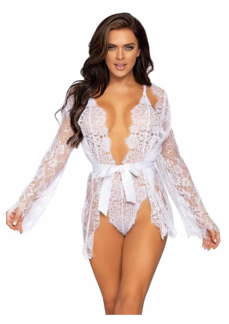Leg Avenue Floral Lace Teddy with Adjustable Straps and Cheeky Thong Back Matching Lace Robe with Scalloped Trim and Satin Tie - Medium - White