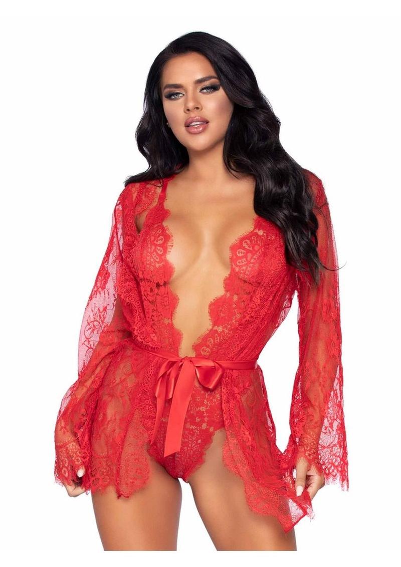 Leg Avenue Floral Lace Teddy with Adjustable Straps and Cheeky Thong Back Matching Lace Robe with Scalloped Trim and Satin Tie - Small - Red