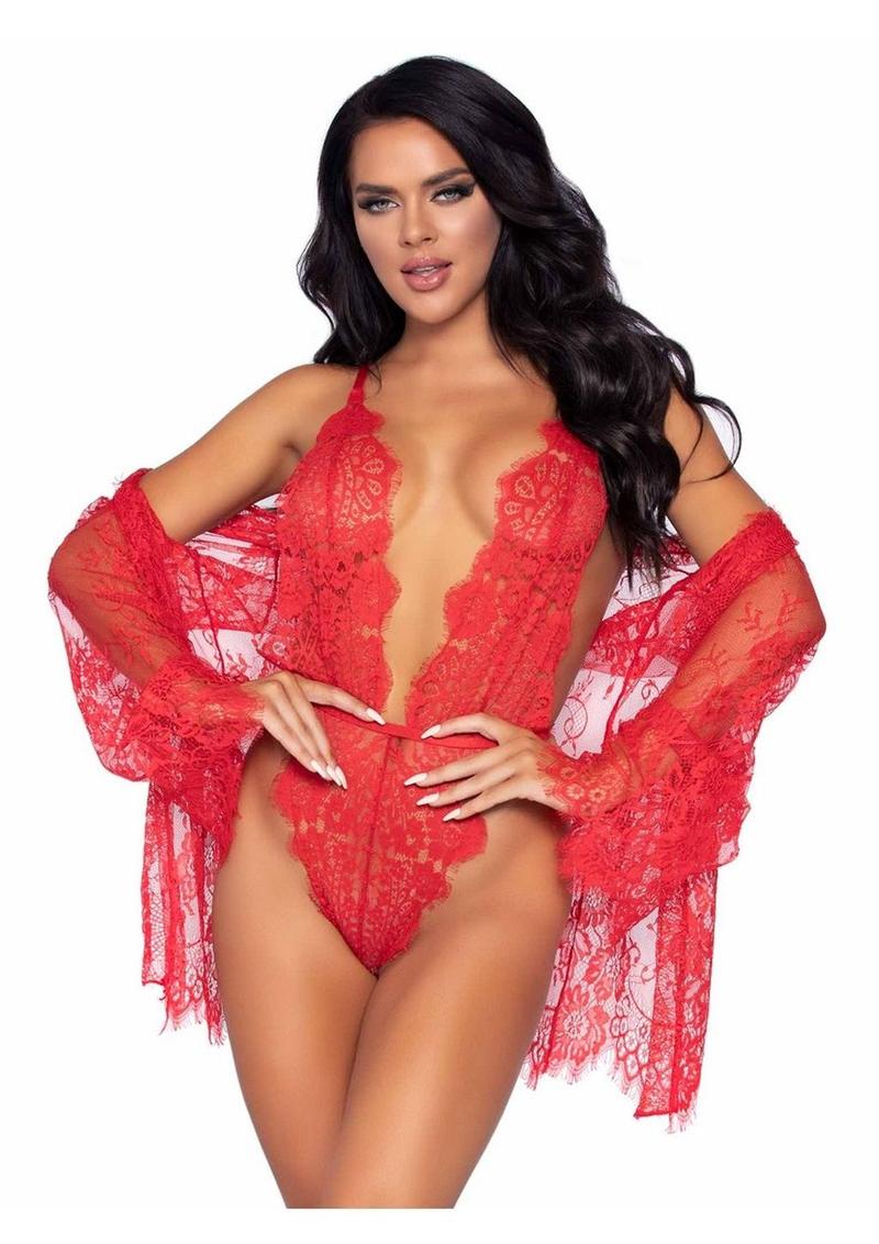 Leg Avenue Floral Lace Teddy with Adjustable Straps and Cheeky Thong Back Matching Lace Robe with Scalloped Trim and Satin Tie - Large - Red
