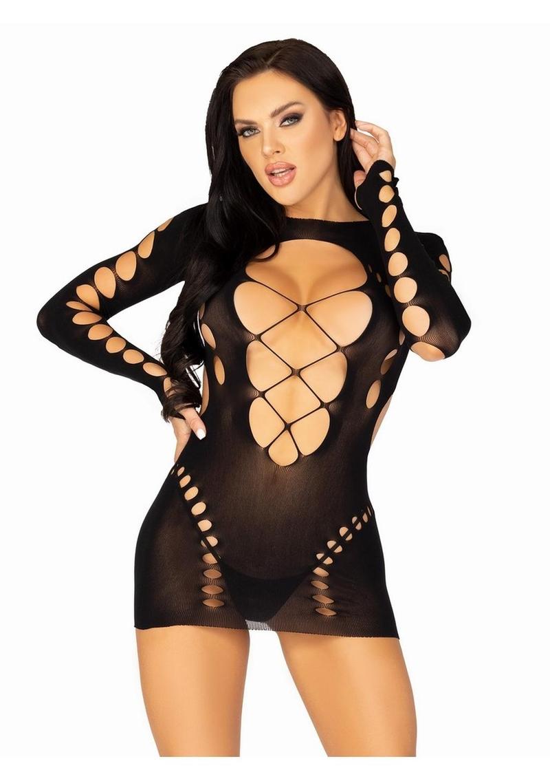 Leg Avenue Seamless Cut Out Long Sleeve Mini Dress with Faux Lace-Up Detail - O/S - Black
