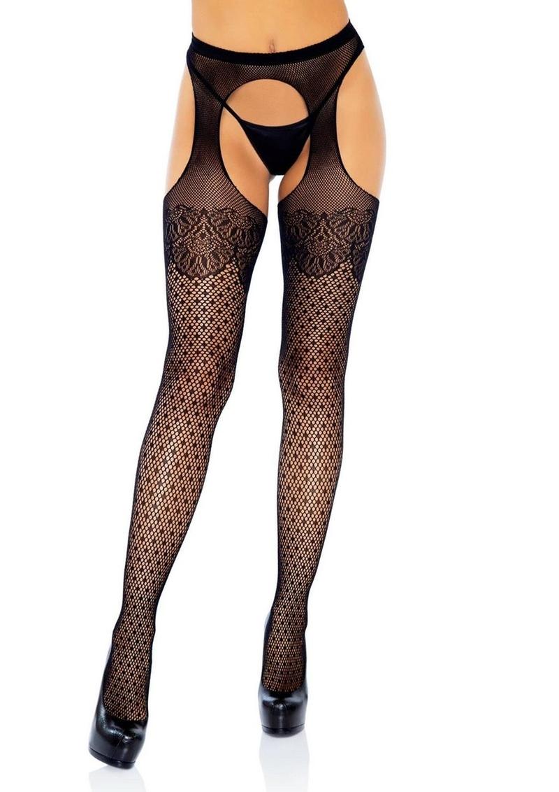 Leg Avenue Polka Dot Fishnet Suspender Hose with Lace Top and Cuban Heel - O/S - Black