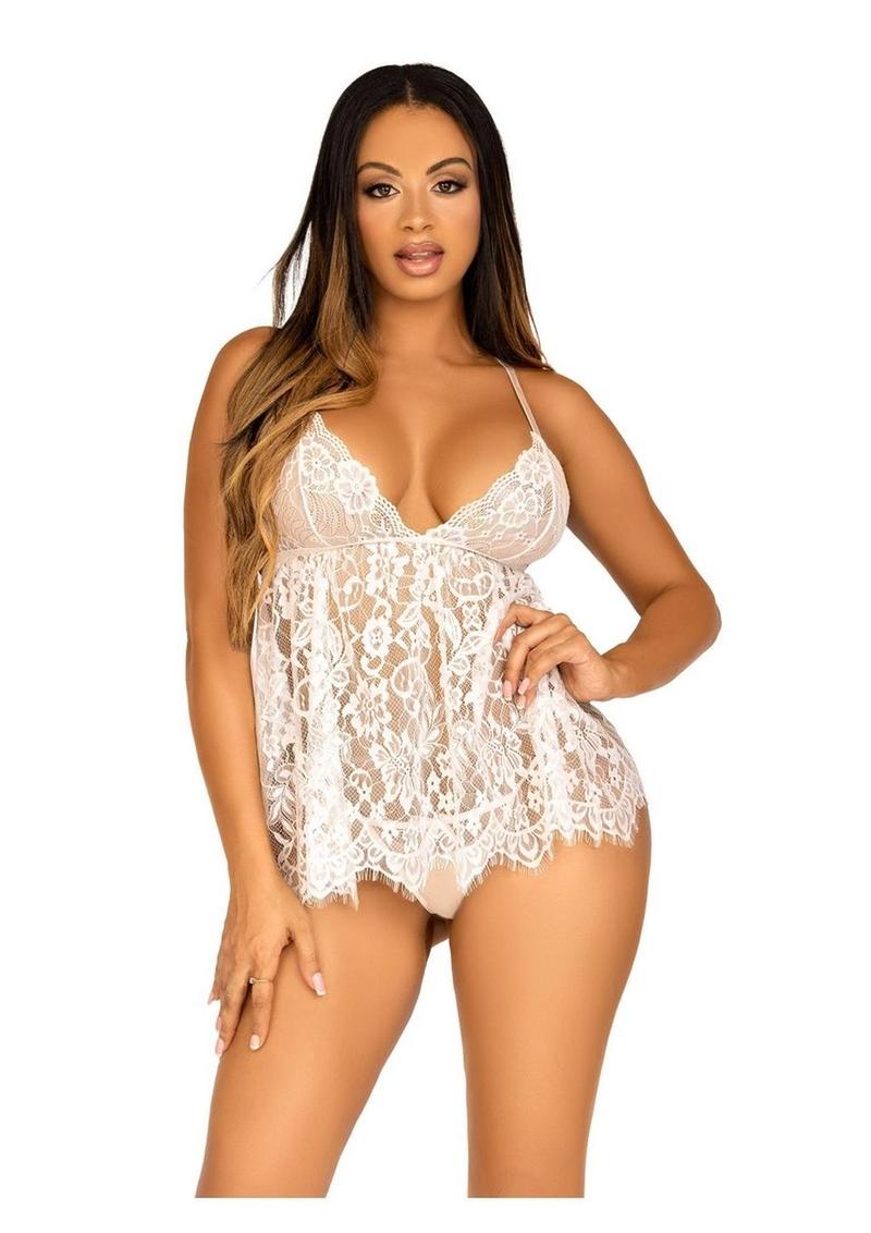 Leg Avenue Floral Lace Babydoll with Eyelash Lace Scalloped Hem Adjustable Cross-Over Straps and G-String Panty - Medium - White