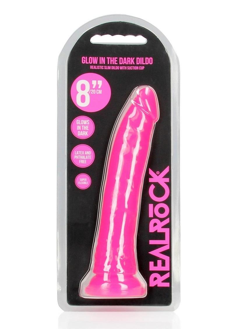 RealRock Slim Glow in the Dark Dildo with Suction Cup 8in - Pink