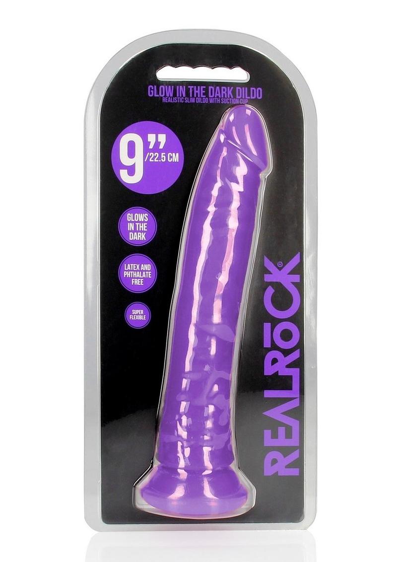 RealRock Slim Glow in the Dark Dildo with Suction Cup 9in - Purple