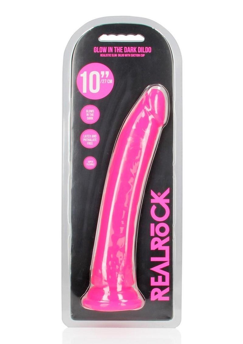RealRock Slim Glow in the Dark Dildo with Suction Cup 10in - Pink