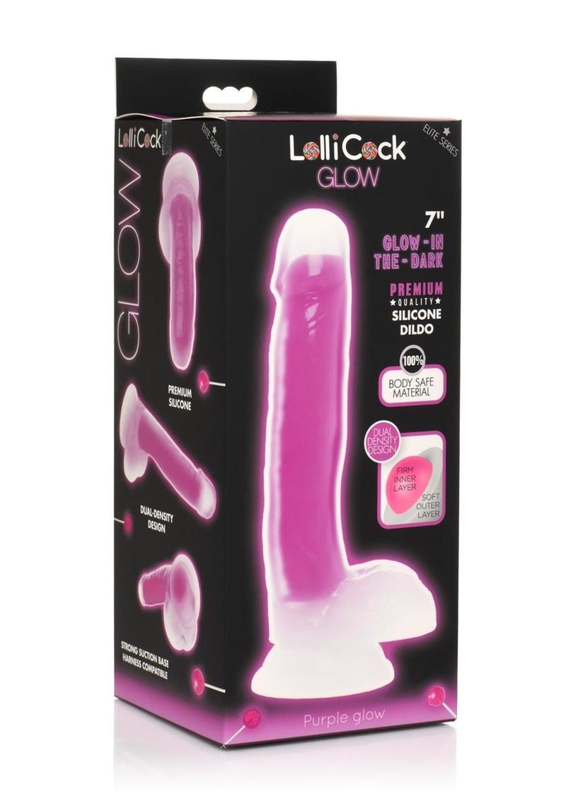 Lollicock Glow in the Dark Silicone Dildo with Balls 7in - Purple
