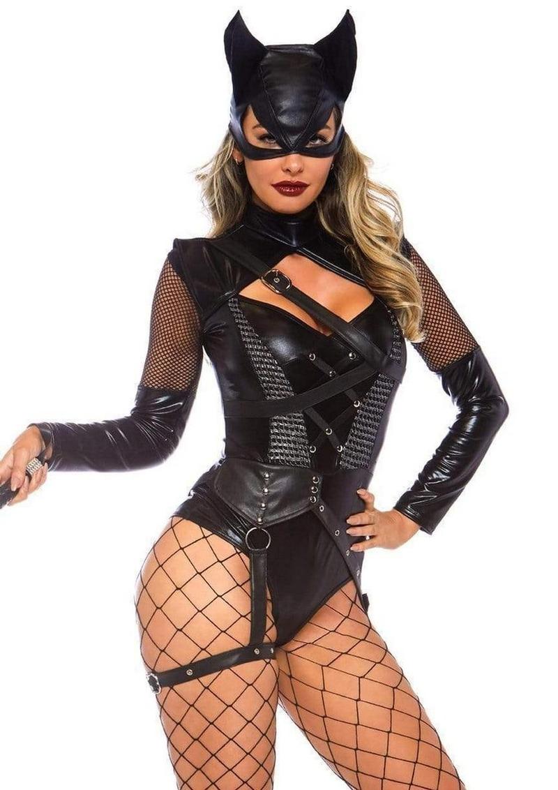 Leg Avenue Villainess Vixen Spandex Strappy Bodysuit with O-Ring Attached Garter and Matching Hooded Mask (2 Piece) - Large - Black