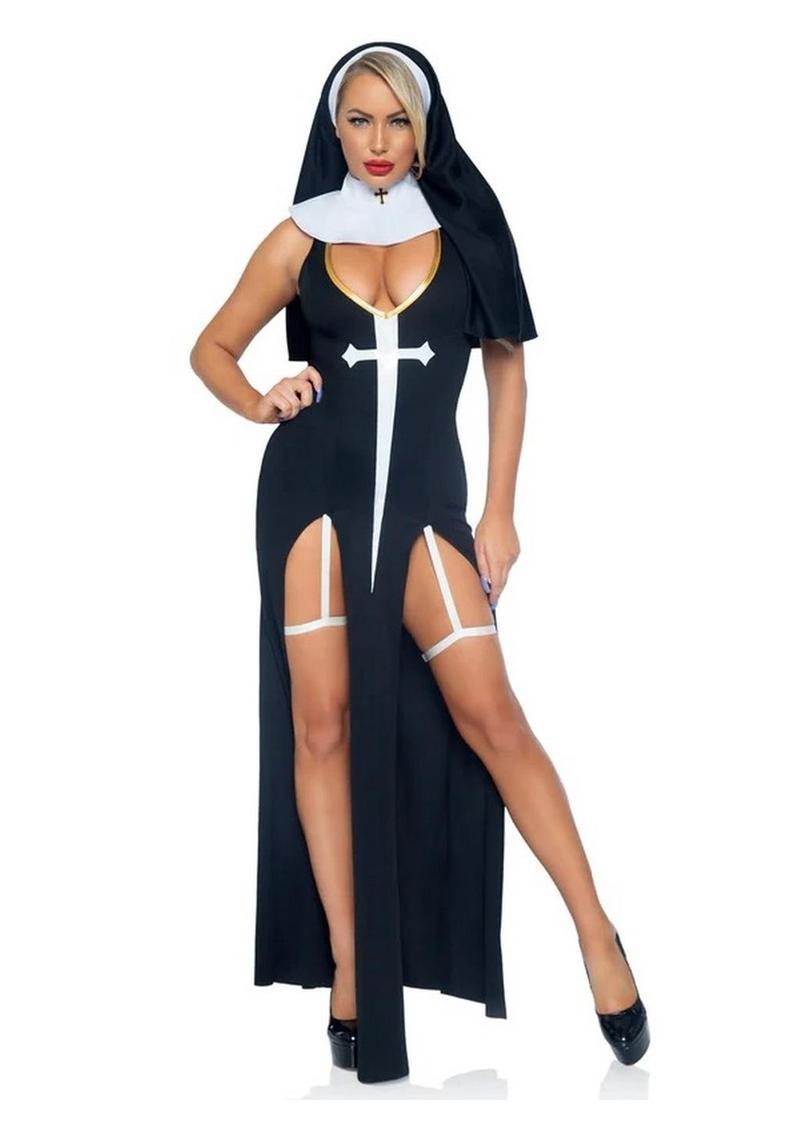 Leg Avenue Sultry Sinner Dual Slit Garter Dress With Vinyl Cross Detail