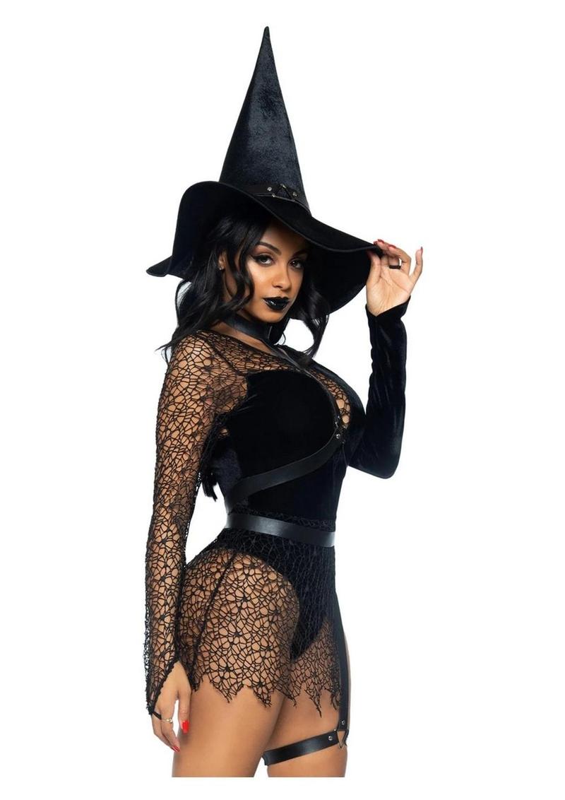Leg Avenue Crafty Witch Snap Crotch Velvet Bodysuit with Distressed Net and Attached Garter
