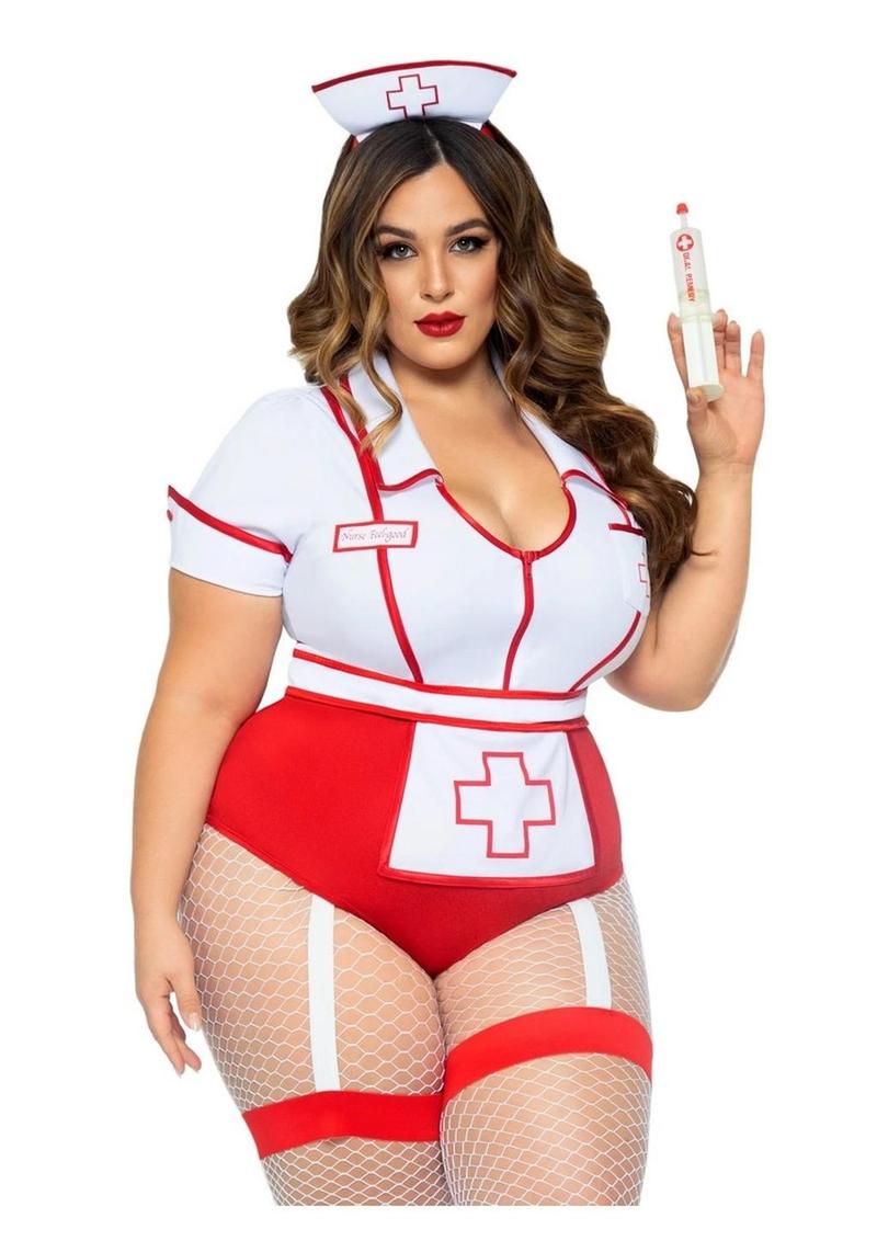 Leg Avenue Nurse Feelgood Snap Crotch Garter Bodysuit with Attached Apron and Hat Headband (2 Piece) - 1X/2X - Red/White