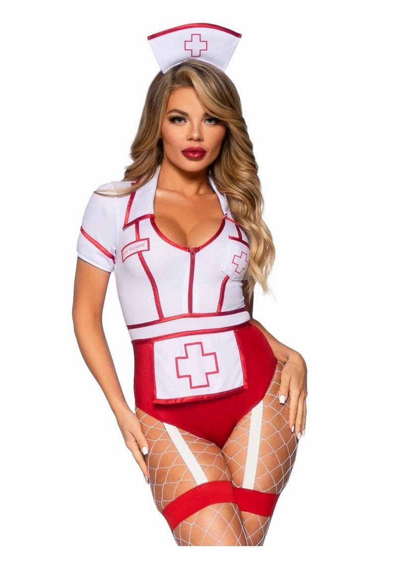 Leg Avenue Nurse Feelgood Snap Crotch Garter Bodysuit with Attached Apron and Hat Headband (2 Piece) - Medium - Red/White