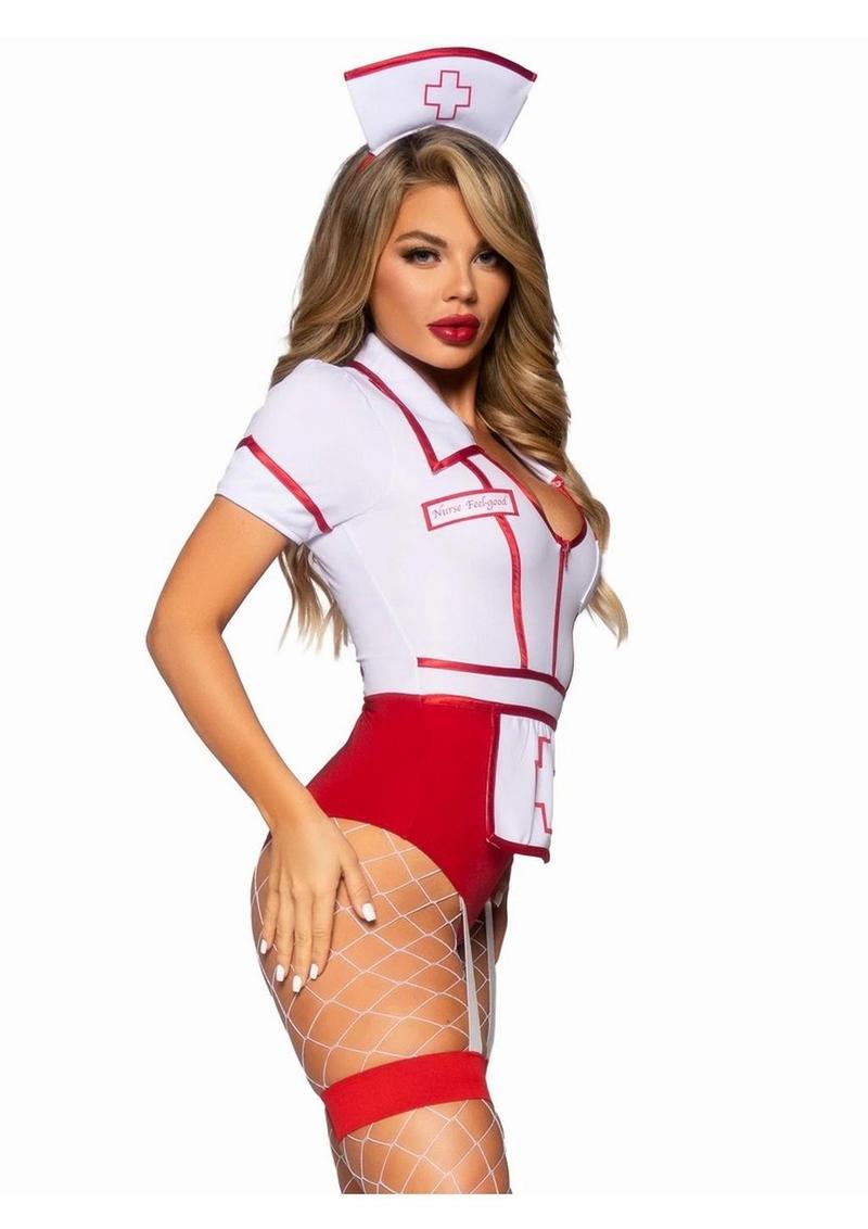 Leg Avenue Nurse Feelgood Snap Crotch Garter Bodysuit with Attached Apron and Hat Headband (2 Piece) - Medium - Red/White