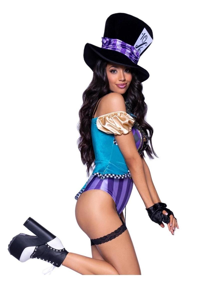 Leg Avenue Mischievous Mad Hatter Garter Bodysuit with Strappy Deep-V and Puff Sleeves