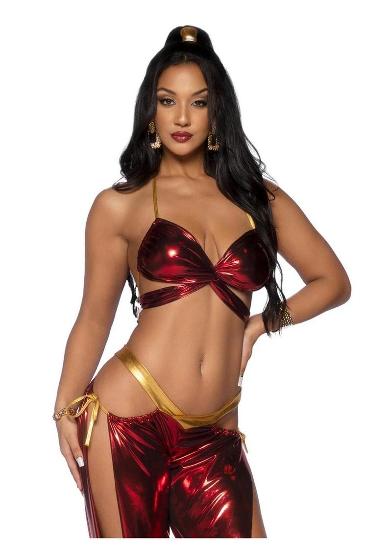 Leg Avenue Ruby Desert Princess Lame Bikini Top and Split Leg Cut-Out Harem Pants with Side Ties (2 Piece) - Small - Red