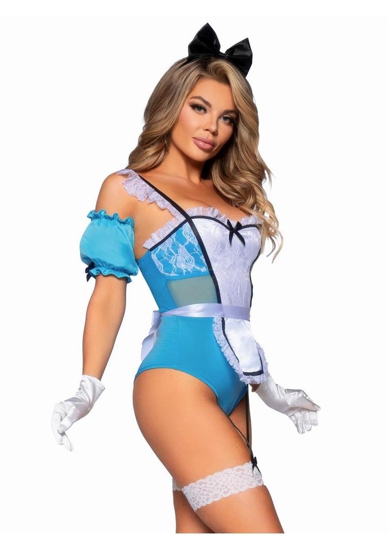 Leg Avenue Curious Miss Alice Lace Trimmed Garter Bodysuit with Sheer Panels