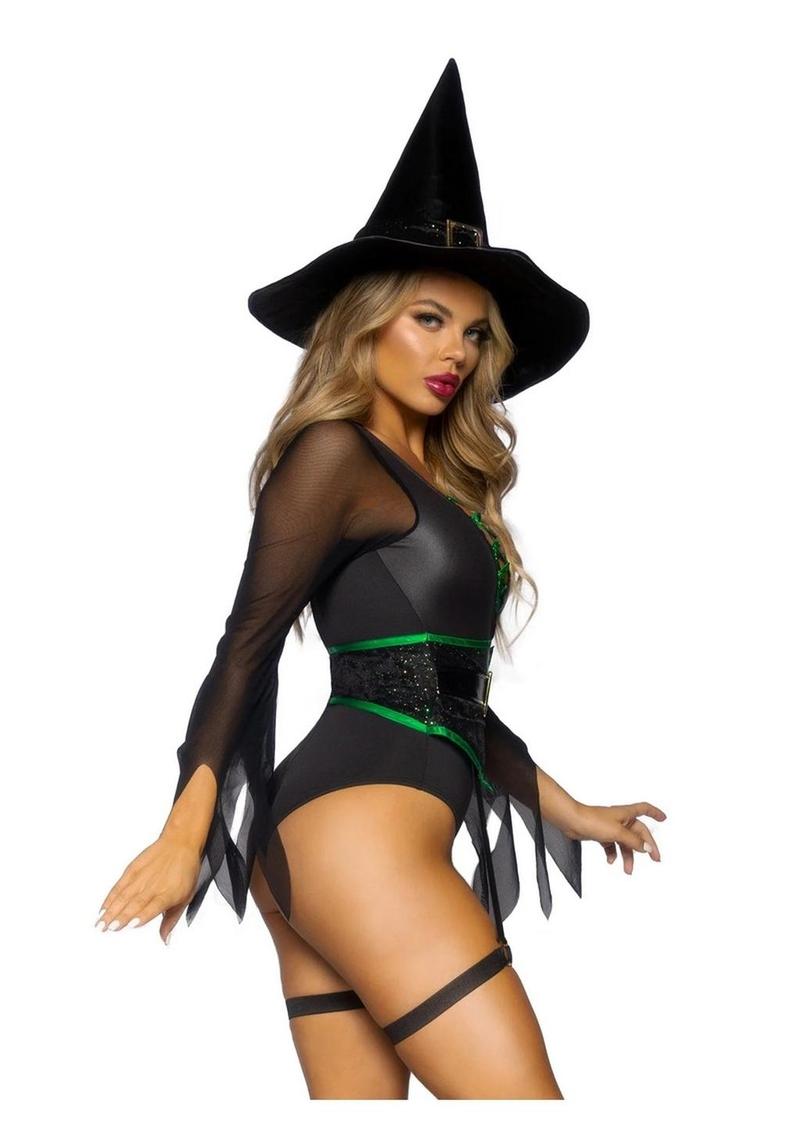 Leg Avenue Broomstick Babe Bodysuit with Lace Up Deep-V and Waist Cincher Buckle Accent