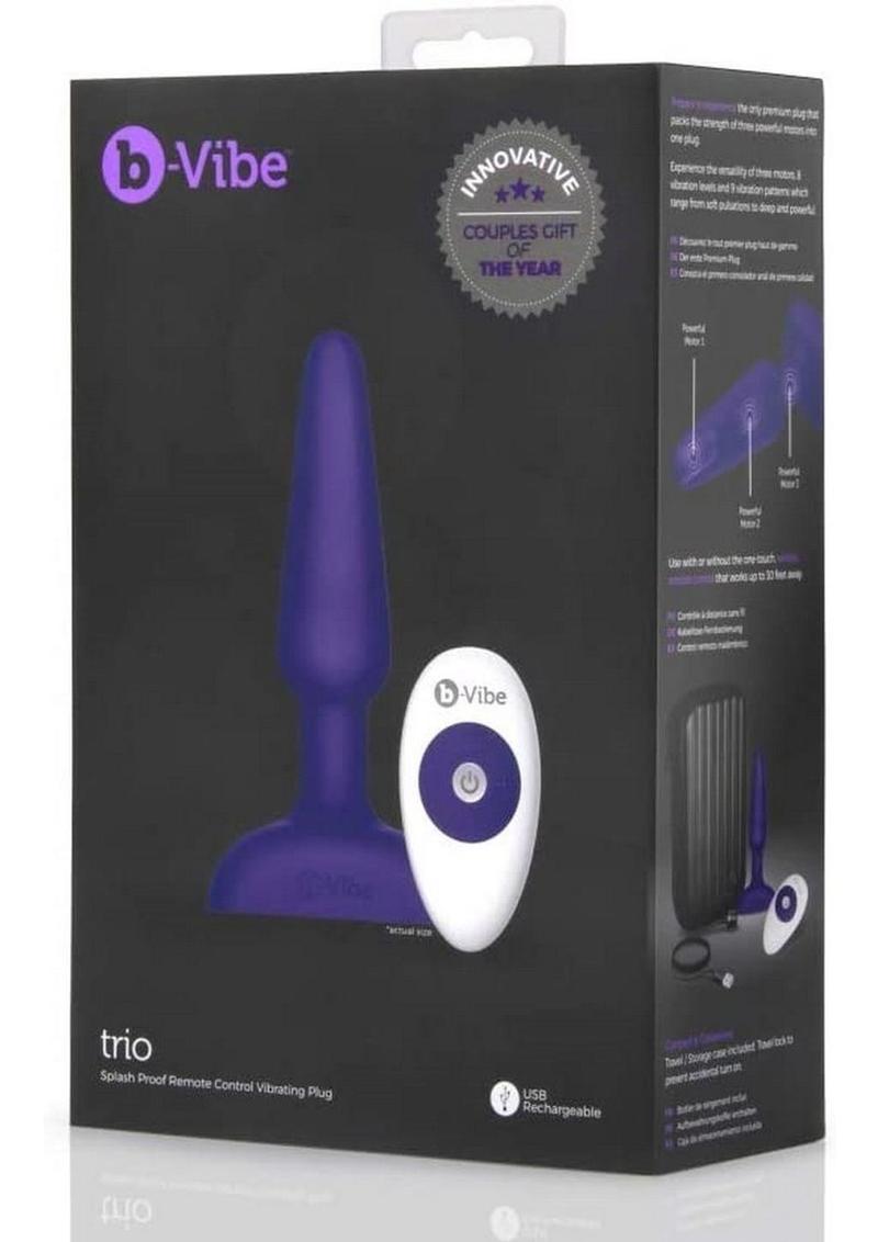 B-Vibe Trio Plug Rechargeable Silicone Anal Plug with Remote Control - Purple