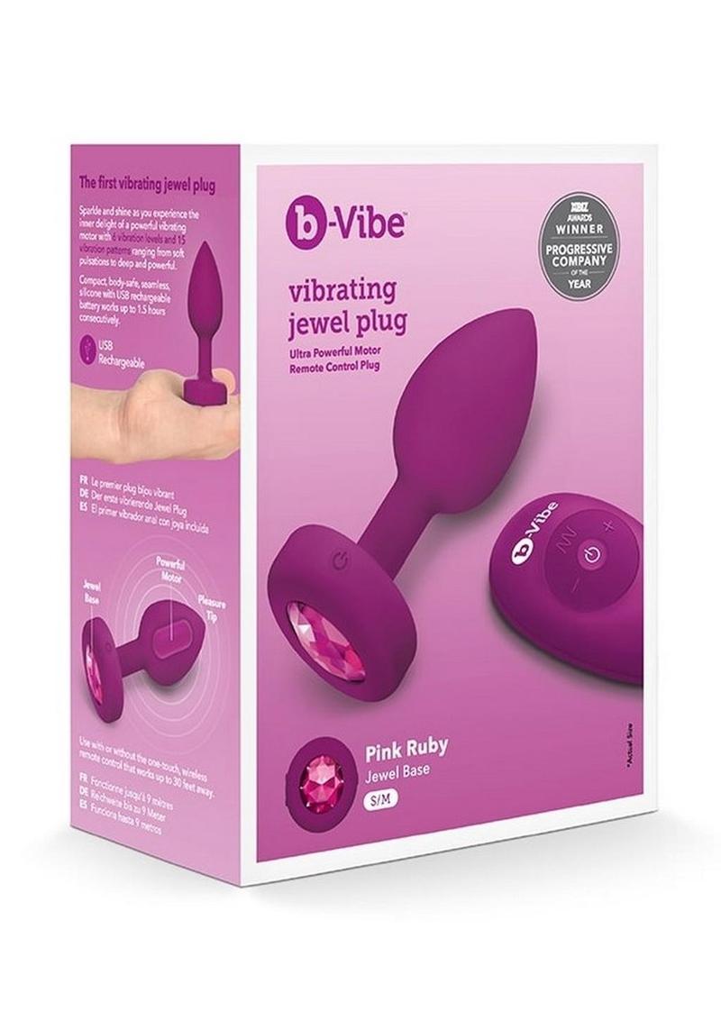 B-Vibe Vibrating Jewel Plug Rechargeable Silicone Anal Plug with Remote - Small/Medium - Fuchsia