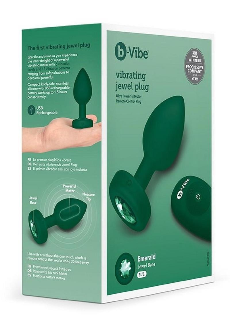 B-Vibe Vibrating Jewel Plug Rechargeable Silicone Anal Plug with Remote - Medium/Large - Emerald Green