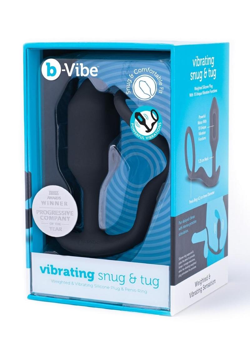 B-Vibe Vibrating Snug and Tug Rechargeable Silicone Cock Ring andamp; Anal Plug - Medium - Black