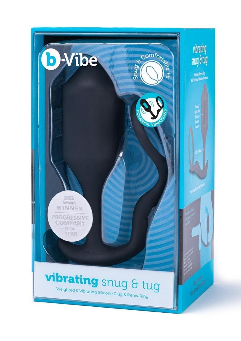 B-Vibe Vibrating Snug and Tug Rechargeable Silicone Cock Ring andamp; Anal Plug - XLarge - Black