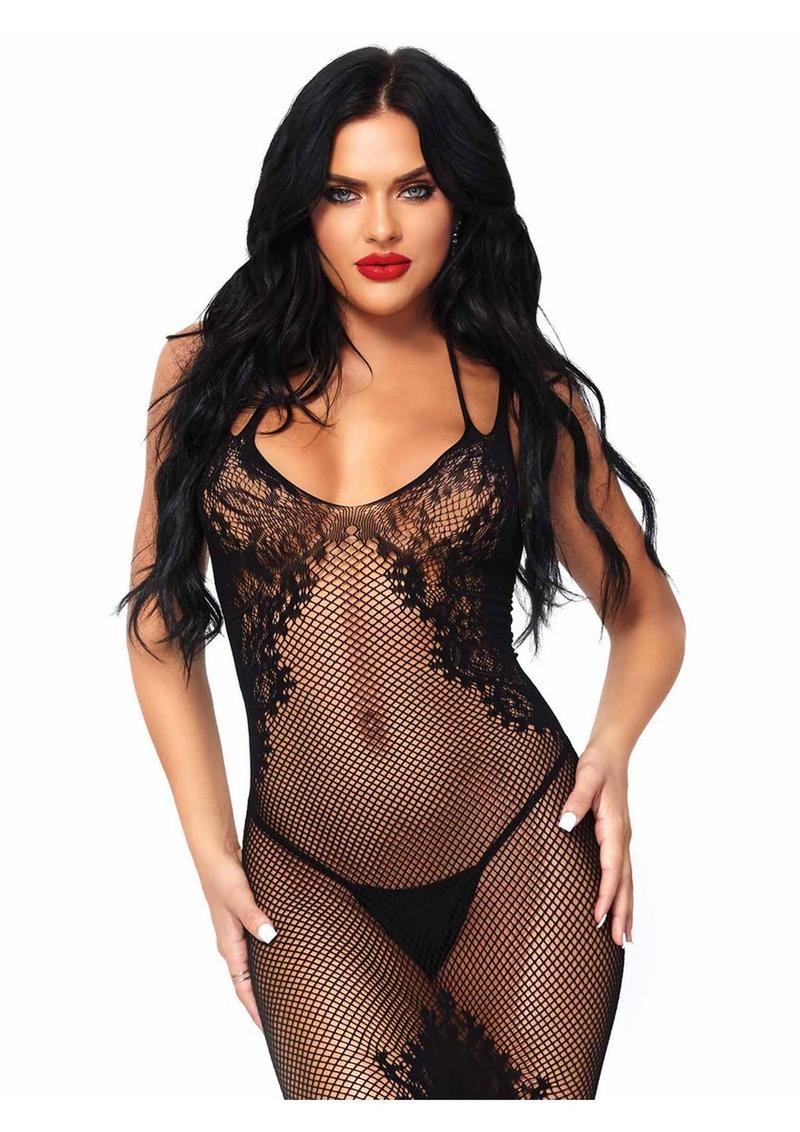 Leg Avenue Seamless Net and Lace Dual Strap Halter Dress with Faux Lace Up Back - O/S - Black