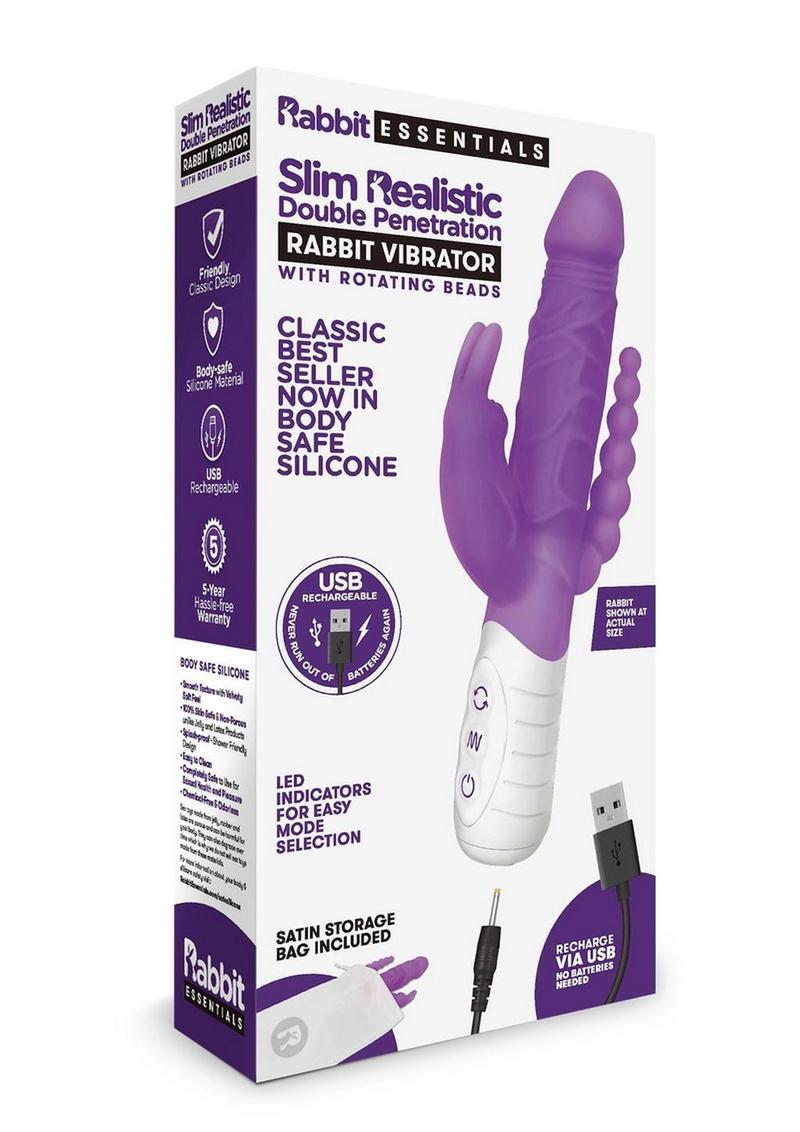 Rabbit Essentials Silicone Rechargeable Slim Realistic Double Penetration Rabbit Vibrator - Purple