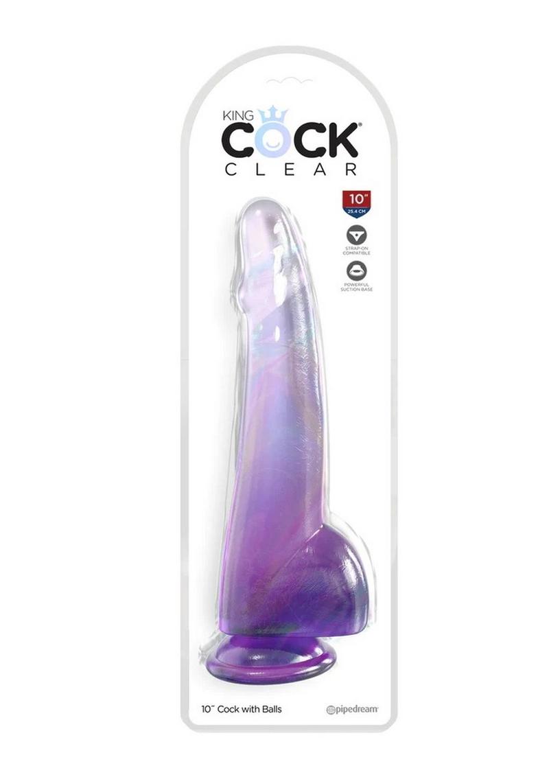 King Cock Clear Dildo with Balls 10in - Purple