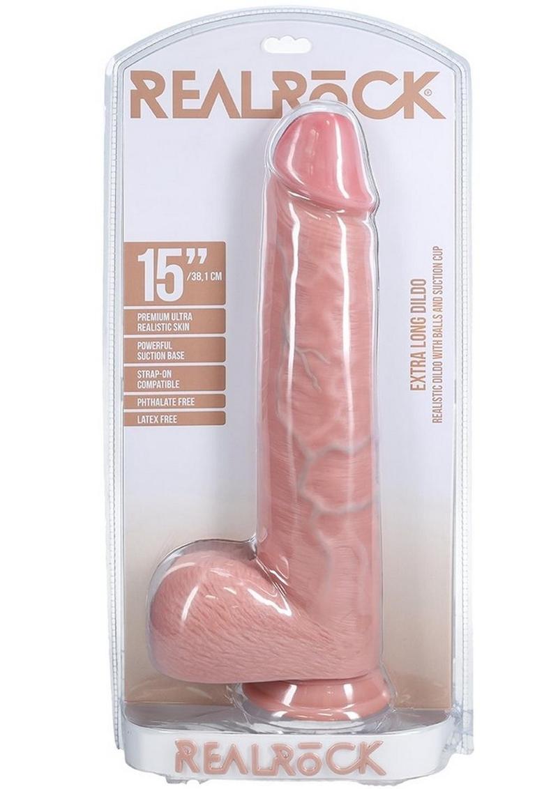 RealRock Ultra Realistic Skin Extra Large Straight Dildo with Balls and Suction Cup 15in - Vanilla