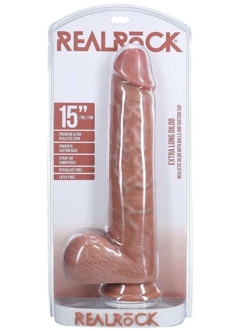 RealRock Ultra Realistic Skin Extra Large Straight Dildo with Balls and Suction Cup 15in - Caramel