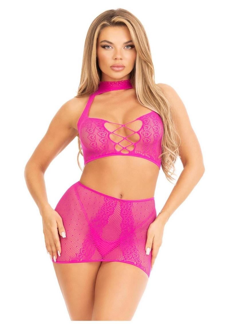 Leg Avenue Dotted Net and Lace Halter Crop Top with Faux Lace Up Front and Mini Skirt (2 Piece) - O/S - Magenta