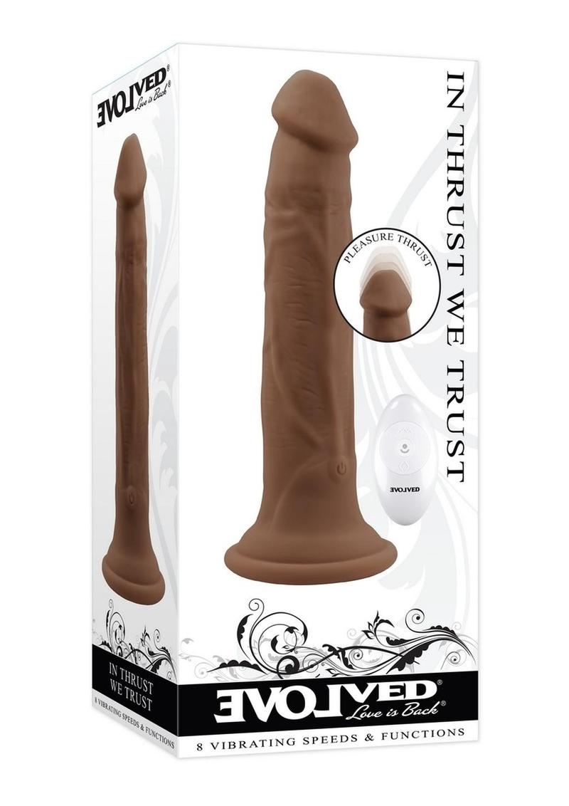 In Thrust We Trust Rechargeable Silicone Dildo with Remote - Chocolate
