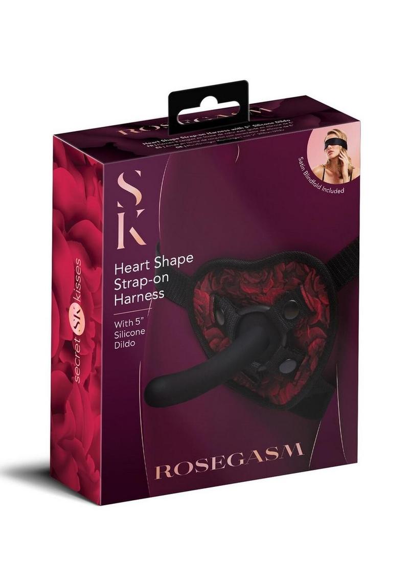 Secret Kisses Rosegasm Strap-On Harness with G-Spot Dildo and Blindfold - Red/Black