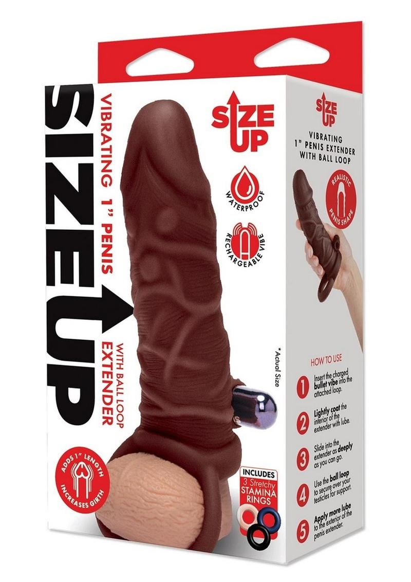 Size Up Silicone Vibrating Realistic Penis Extender with Ball Loop 1in - Chocolate