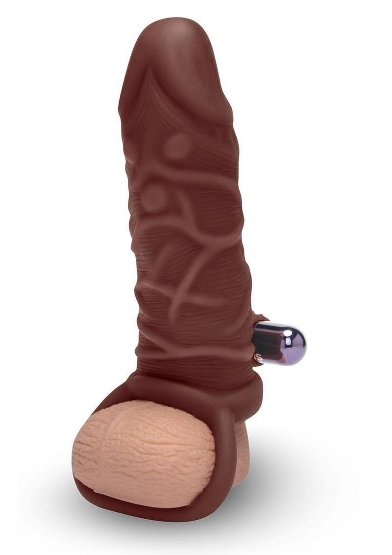 Size Up Silicone Vibrating Realistic Penis Extender with Ball Loop 1in - Chocolate