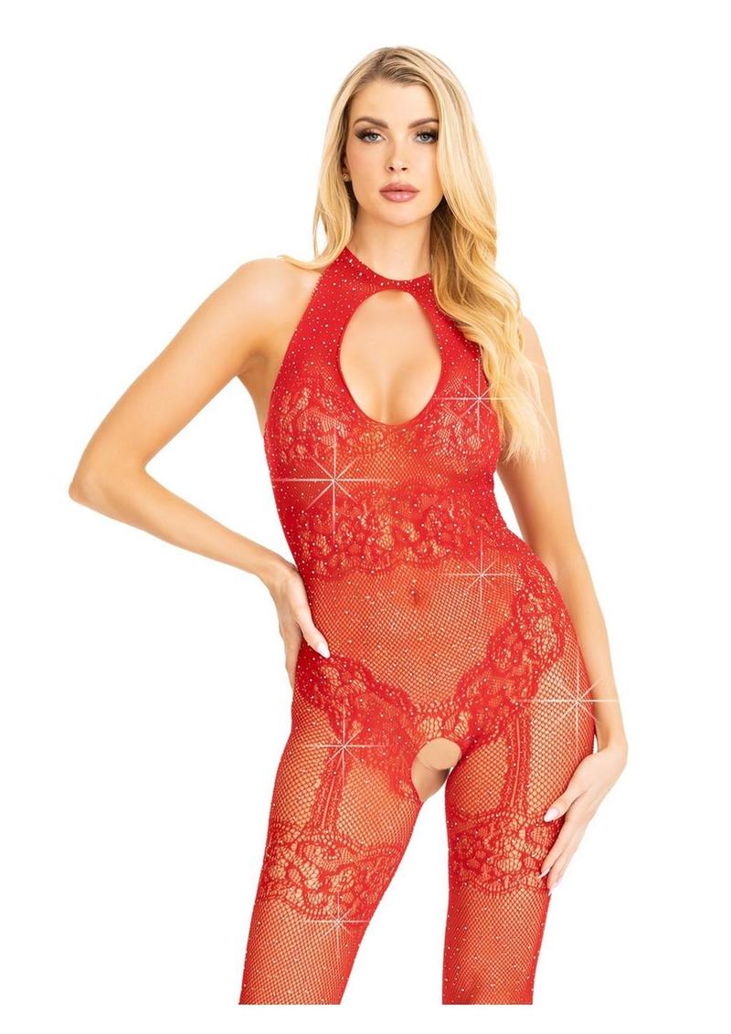 Leg Avenue Seamless Rhinestone Fishnet Bodystocking with Keyhole and Lace Lingerie Detail - O/S - Red