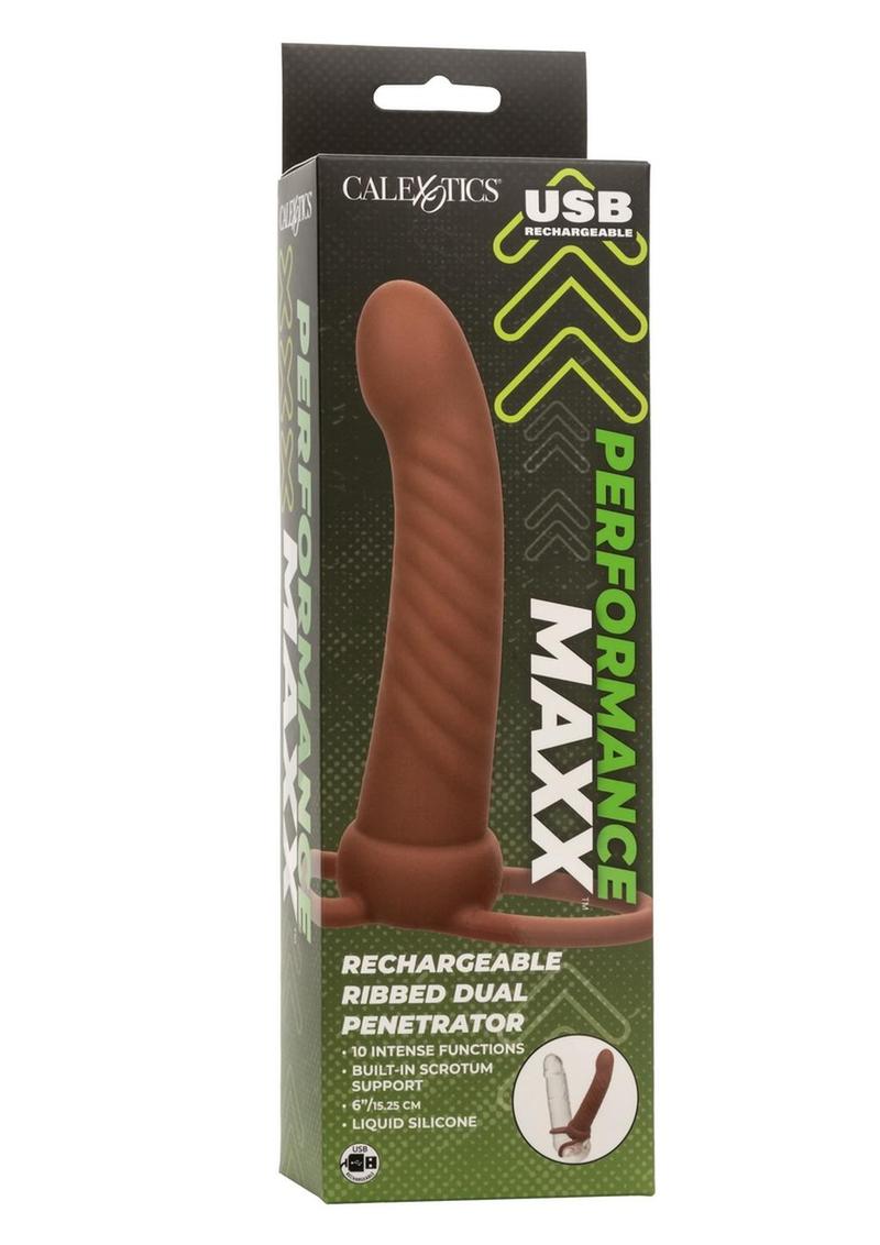 Performance Maxx Rechargeable Silicone Ribbed Dual Penetrator Extender - Chocolate