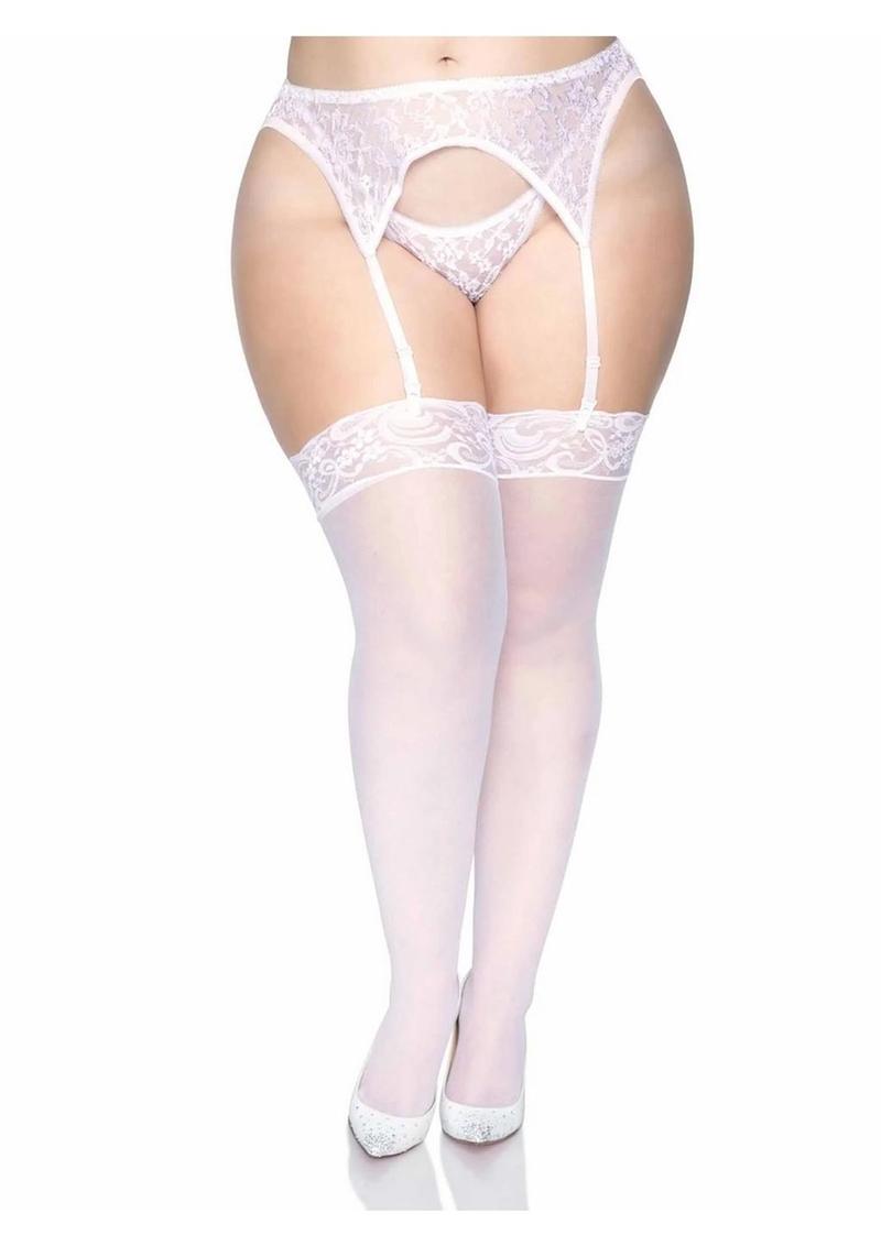 Leg Avenue Sheer Stocking with Backseam and Lace Top - Plus Size - White