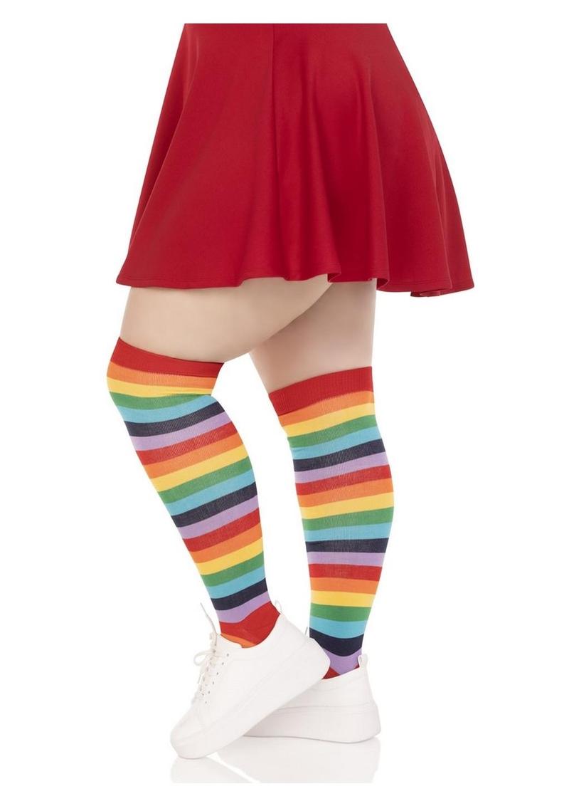 Spandex Acrylic Rainbow Striped Thigh Highs - 1X-2X - Multicolor