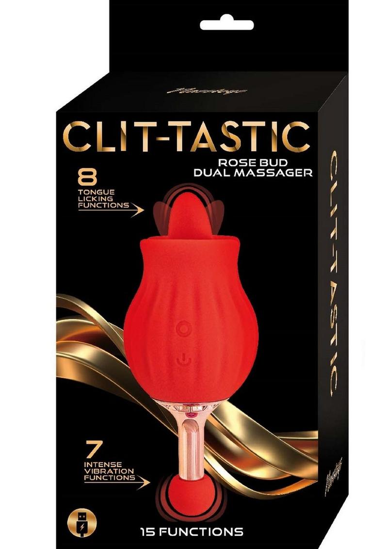 Clit-Tastic Rose Bud Dual Massager Rechargeable Silicone with Clitoral Stimulator - Red
