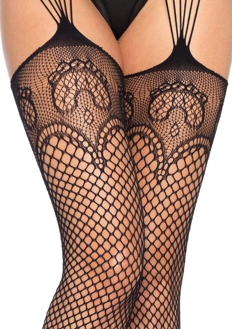 Leg Avenue Industrual Net Stocking with Dutchess Lace Top and Attached Multi-Strand Garter Belt - O/S - Black